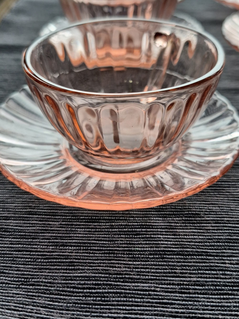 Set of Six Pink Depression Glass Cups & Saucers